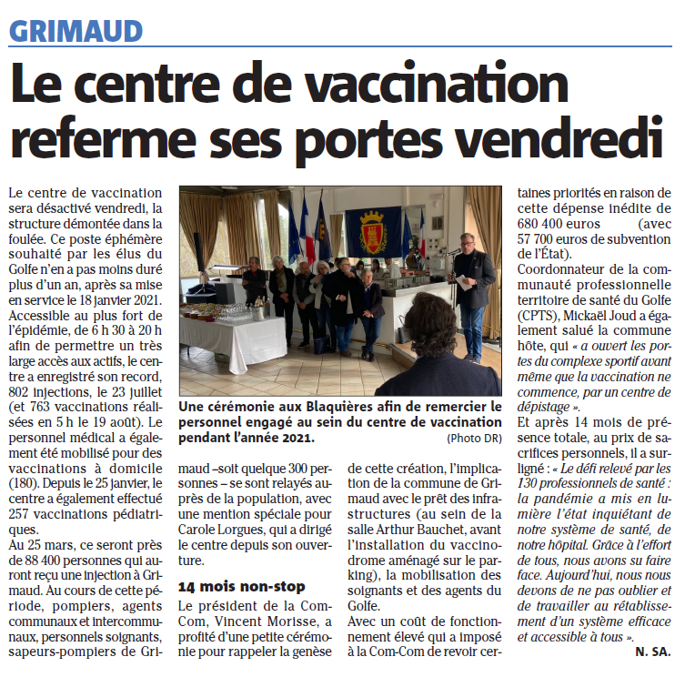 Lire la suite à propos de l’article Fermeture du Centre de Vaccination des Blaquières